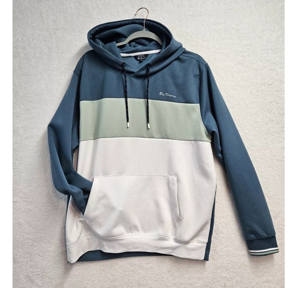 Ben Sherman Striped Paneled Hoodie Blue Horizon- Slate Blue/green/ white